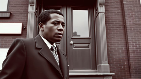 Man in a dark suit and tie stands outside a brick building's entrance.の素材