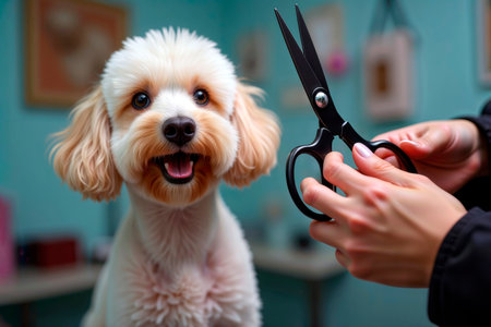 Cute fluffy dog getting a haircut with scissors at a grooming salon.の素材