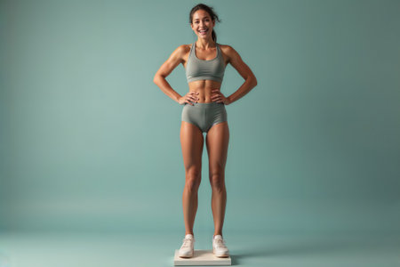 Fit woman in athletic wear smiling against a studio background.の素材
