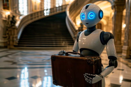 Robot holding a vintage suitcase in a classic style grand lobby.の素材