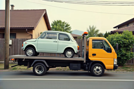 Small vintage car on a flatbed tow truck in a residential area.の素材