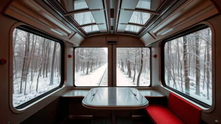 Empty passenger train car with a view of a snowy railroad track and forest.の素材