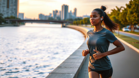 Woman jogging along a riverfront with a city skyline at sunset.の素材