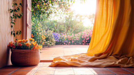 Sunlit patio seen through an open door with a yellow curtain and potted flowers.の素材