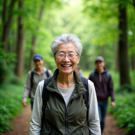 Senior Asian woman with a backpack smiling while hiking in a forest.の素材