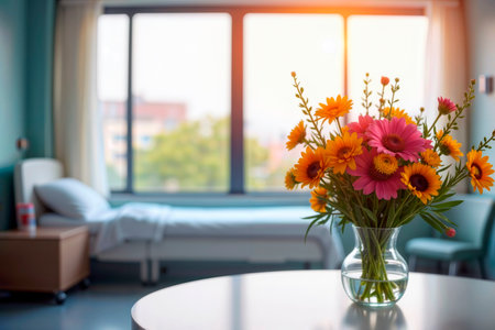 Get well flowers in a vase on a table in a sunny hospital room.の素材