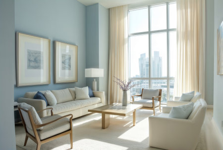 Modern living room interior in high-rise apartment with city view.の素材