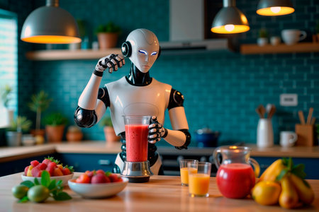 Humanoid robot preparing a fruit smoothie in a modern kitchen.の素材