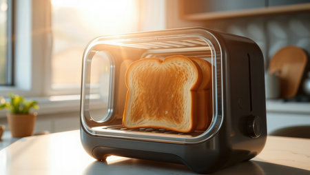 A modern toaster with a transparent glass side toasting two slices of bread on a kitchen counter.の素材