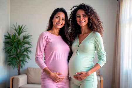 Two smiling pregnant women in casual clothes standing together indoors.の素材