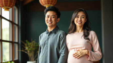 Young smiling Asian couple expecting a baby at home.の素材