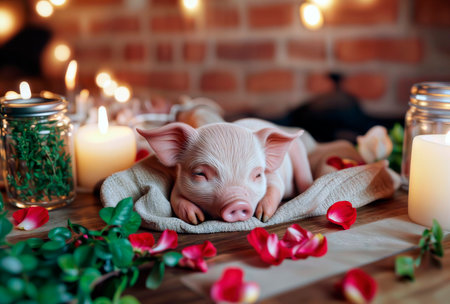 A cute piglet sleeping on a cloth surrounded by candles and rose petals.の素材