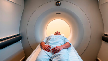 Patient lying down entering an MRI scanner for a medical examination.の素材
