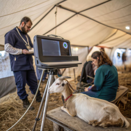 Veterinarian examining a goat with a medical scanner in a field tent.の素材