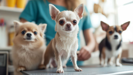 Cream Chihuahua and two small dogs on a table at a grooming salon.の素材