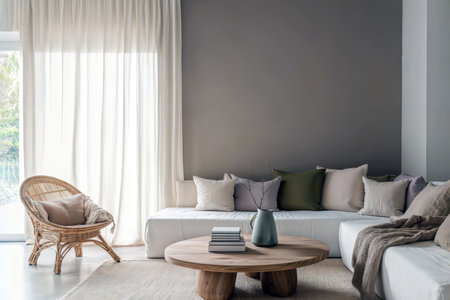 Modern living room interior with a white sofa, wooden table, and gray accent wall.の素材