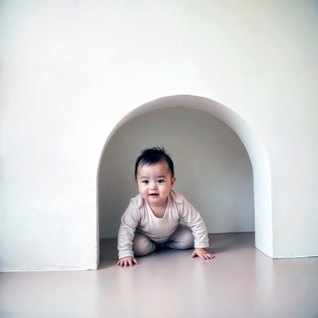 Cute baby crawling through a small white archway in a minimalist room.の素材