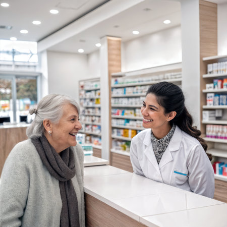 A friendly pharmacist assists an elderly woman at the pharmacy counter.の素材