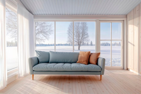 Modern sofa in a sunny living room with a winter view.の素材