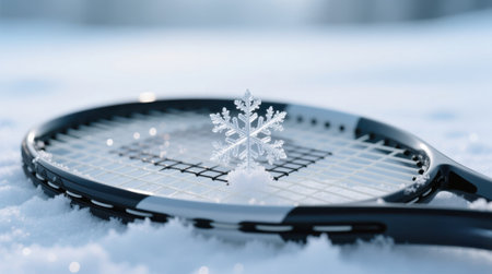 Macro snowflake on a tennis racket in winter snow.の素材
