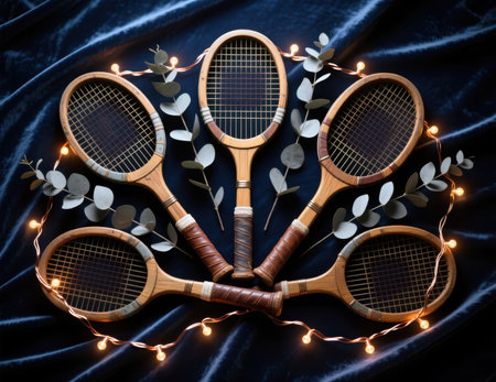 Vintage tennis wooden racquets with eucalyptus and lights on velvet.の素材