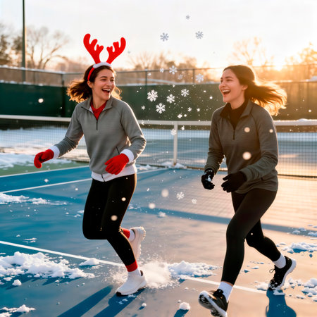 Two happy women in festive activewear running on a snowy tennis court.の素材