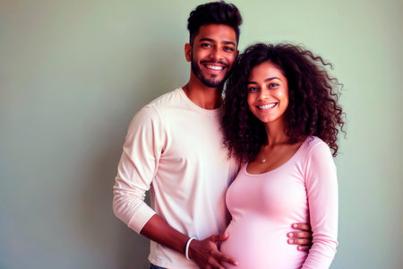 Happy young expecting couple smile together against a plain background.の素材