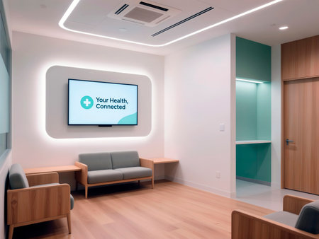 Modern clinic waiting room with digital screen and contemporary furniture.の素材