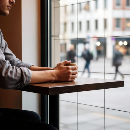 Coffee cup on a wooden table with a view of a busy city street through a window.の素材