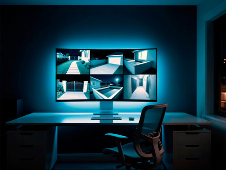 Home security camera system feed on a curved monitor in a dark room at night.の素材