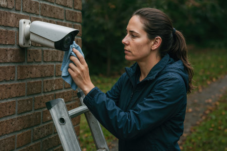 Woman on a ladder cleaning an outdoor security camera.の素材