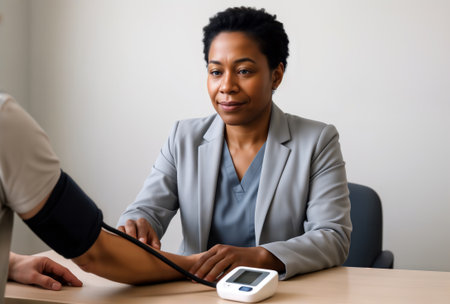 Professional measures patient's blood pressure with digital monitor in an office.の素材