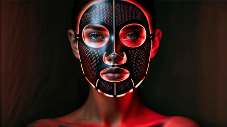Woman's face with a glowing red light therapy LED facial mask for skin care.の素材