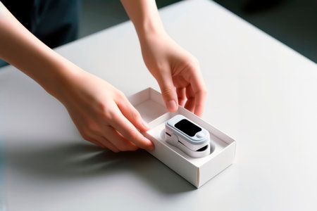 Hands unboxing a pulse oximeter on a white surface.の素材