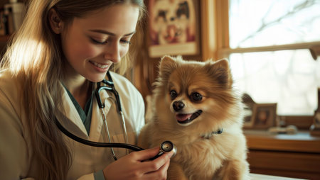 Veterinarian examining a small dog with a stethoscope in a clinic.の素材