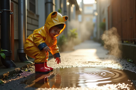 Toddler in a yellow raincoat playing in a puddle in an alley.の素材