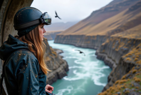 Woman in a helmet and jacket looking at a river canyon.の素材