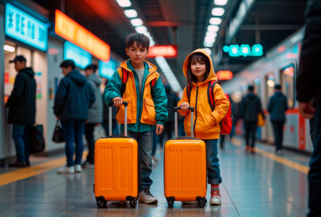 Two young children with suitcases waiting on a subway platform.の素材