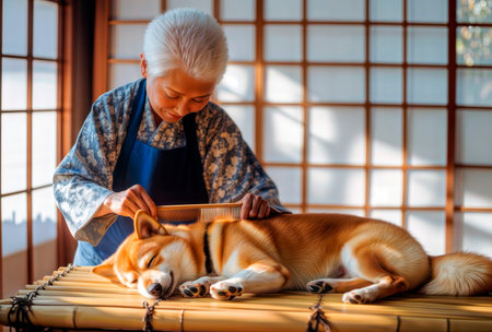 Senior woman grooming a sleeping shiba inu dog in a traditional room.の素材