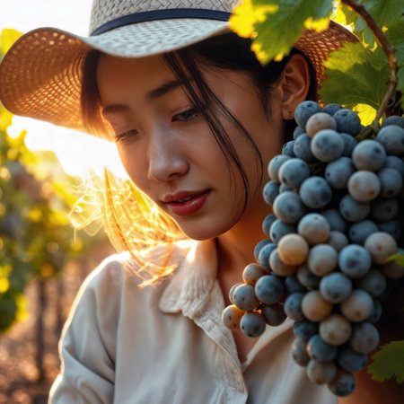 Young Asian woman in a straw hat inspecting ripe grapes in a sunlit vineyard.の素材