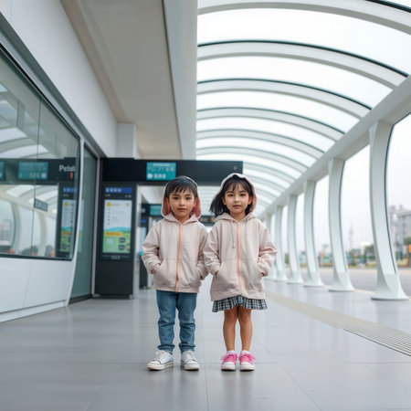 Two young girls in matching hoodies at a modern train station.の素材