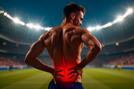 Muscular athlete holding his lower back in pain on a stadium field at night.の素材