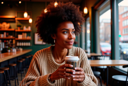 Woman with coffee looking out the window in a modern cafe.の素材
