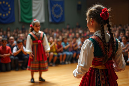 Two girls in traditional folk costumes performing on stage.の素材