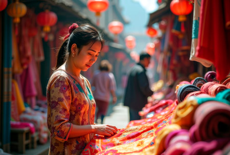 Asian woman browsing colorful textiles at an outdoor market.の素材