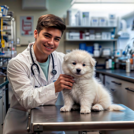 Young male veterinarian examining a fluffy white puppy in a clinic.の素材