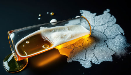 Spilled glass of beer forming a map of Germany on a dark background.の素材