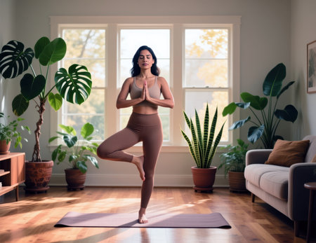 Woman practicing yoga tree pose in a sunny living room at home.の素材