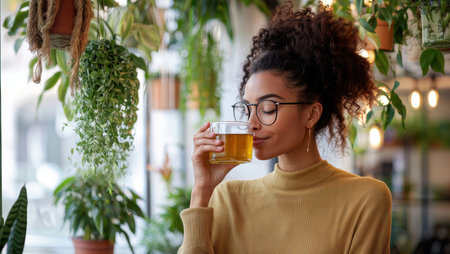 Woman with glasses enjoying the aroma of a cup of tea in a room with plants.の素材