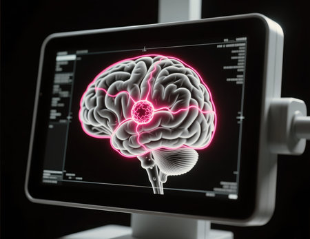 Brain scan with a tumor highlighted on a futuristic medical screen.の素材